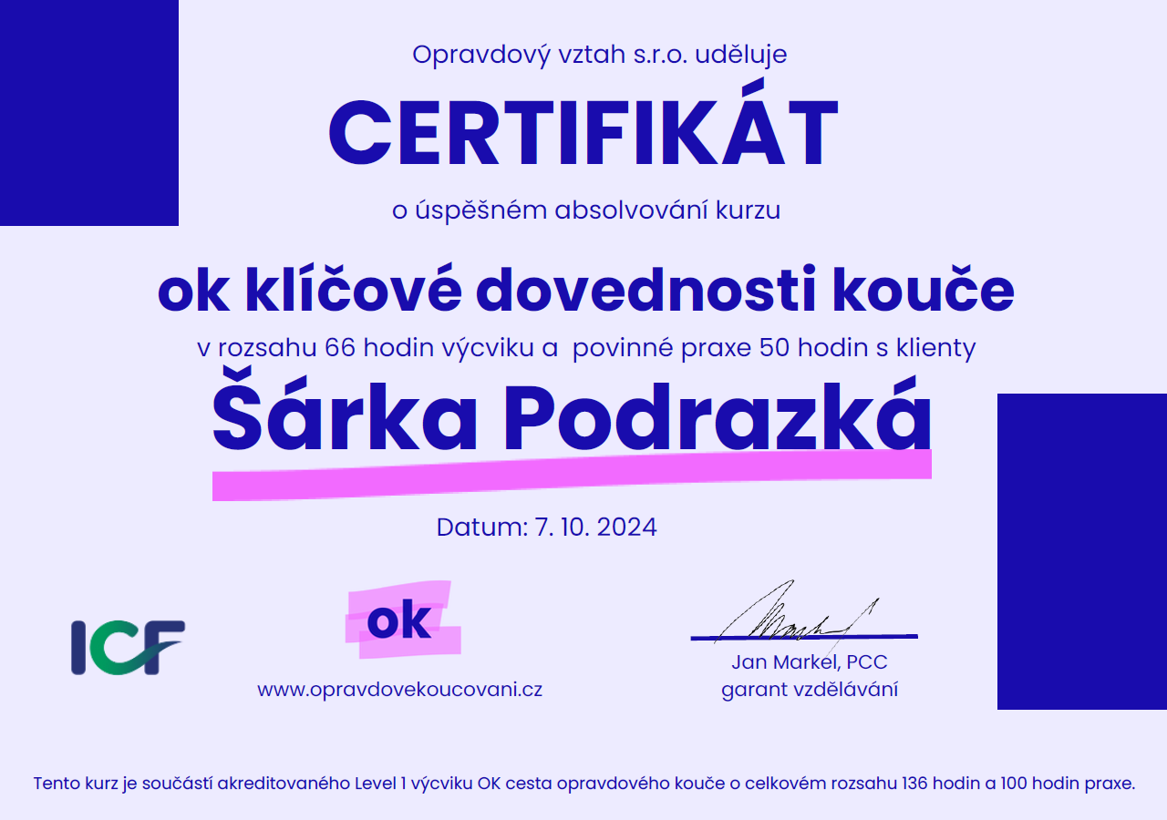 Certifikát Opravdové koučování
